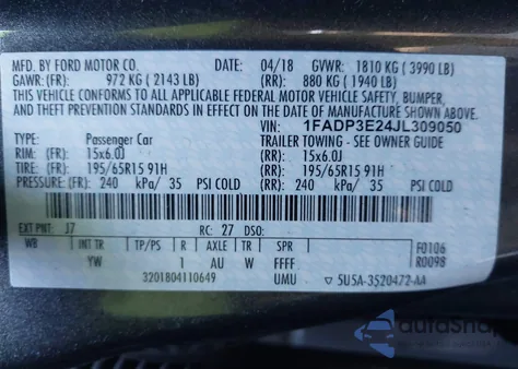 2018 Ford Focus S from USA, damaged, VIN 1FADP3E24JL309050